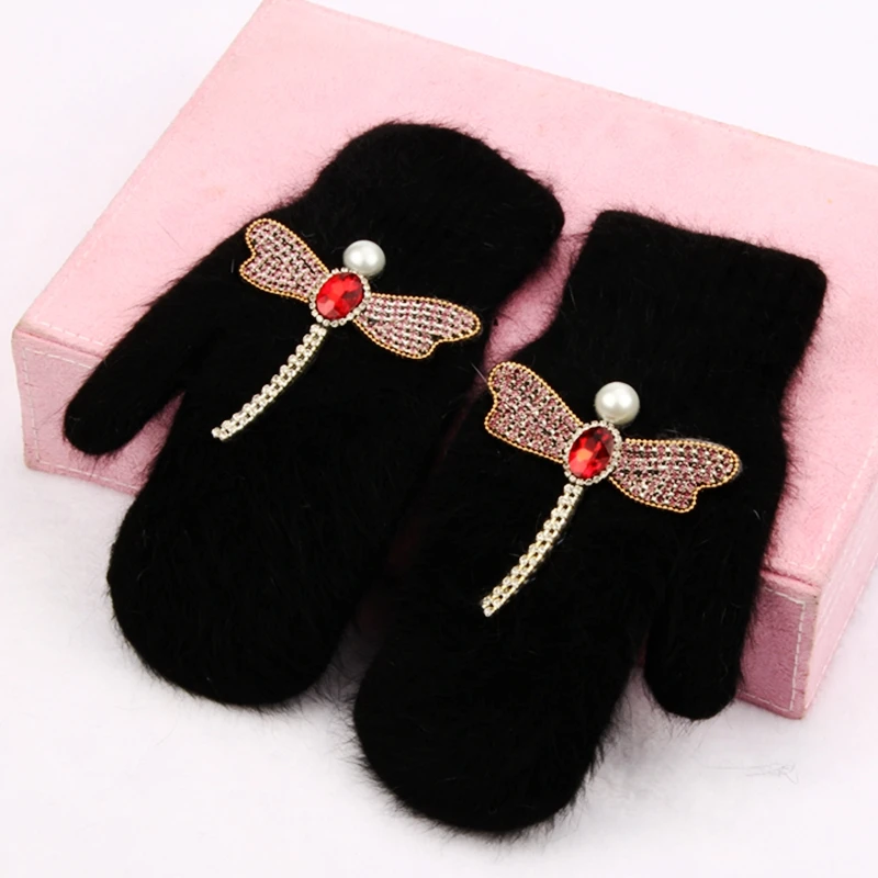 2018 women Gloves winter Crystal dragonfly Rabbit fur brand gloves for female double warm full finger Mittens Christmas gifts