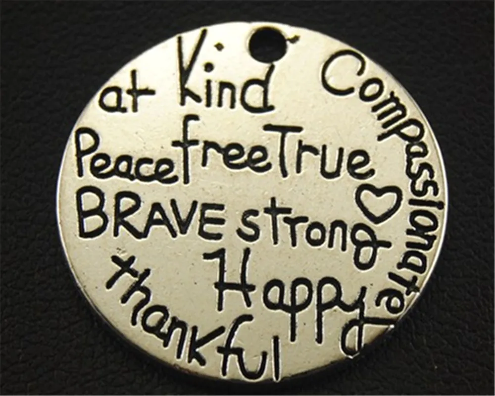 15 шт., серебряный цвет, Круглый Шарм, резной с смелым, крепким, сострадательным, добрым, счастливыми буквами, сделай сам, ювелирное изделие A1530