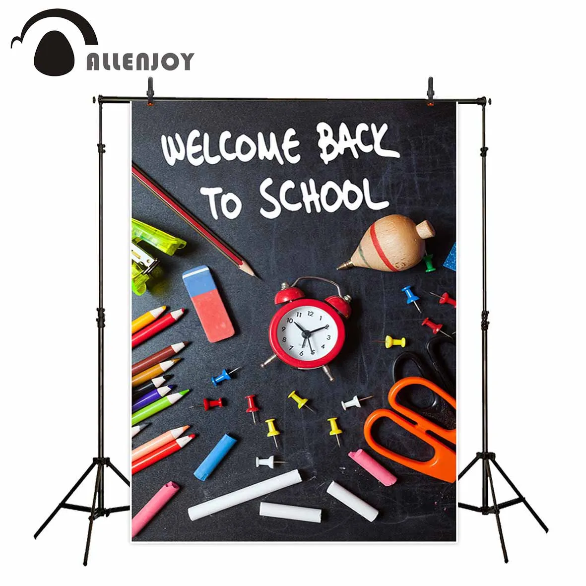 Funnytree back to school backdrop blackboard clock with school tools around for kids photo background photography backdrops