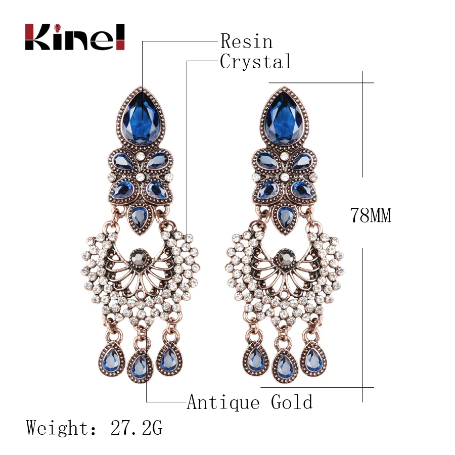 Kinel Exaggerated Big Earrings Ethnic Style Indian Jewelry Antique Cold Blue Crystal Flower Vintage Wedding Earring For Women