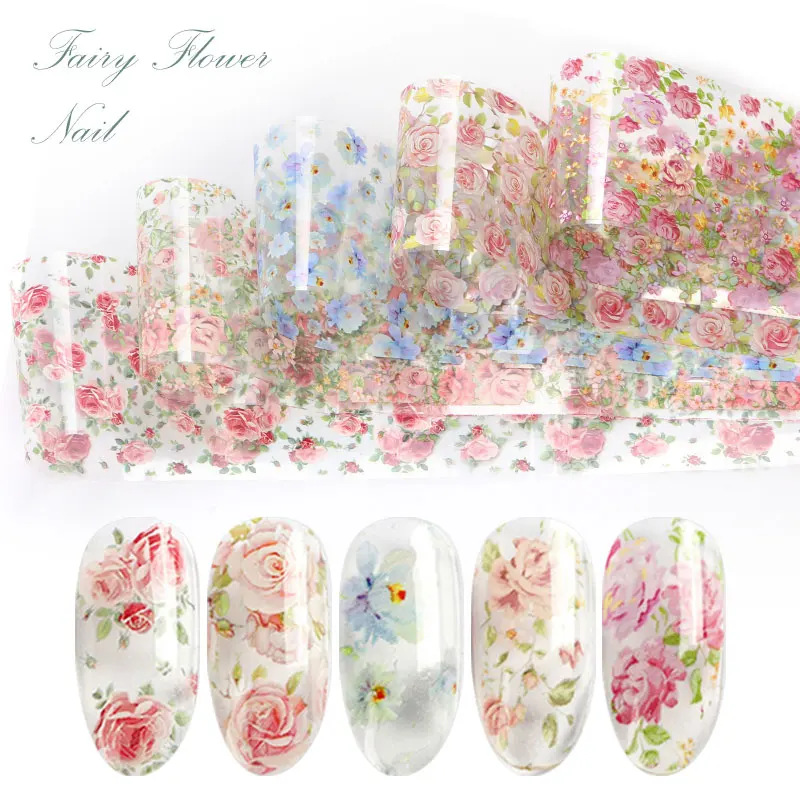 HNUIX 10 colori Nail Leaf Stickers vernice Mix Rose Flower Transfer Foil Nails Decal cursori per Nail Art Foil Manicure Designs