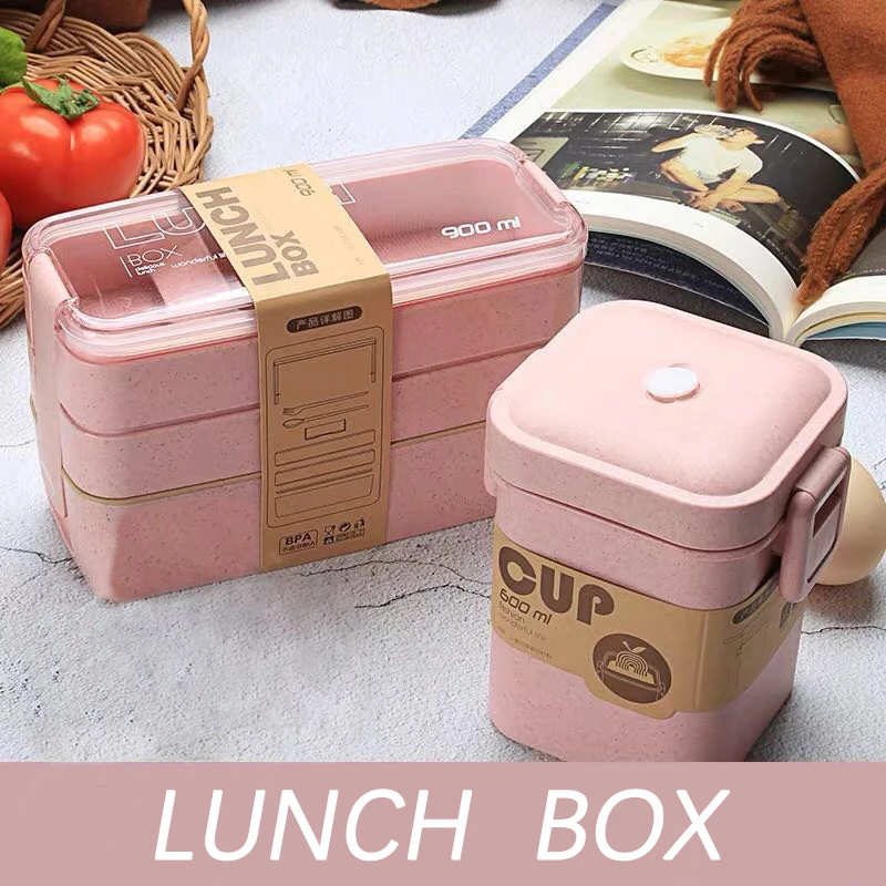 900ml/750ml Portable Healthy Material Lunch Box Wheat Straw Bento Boxes Microwave Dinnerware Food Storage Container Food Box Set