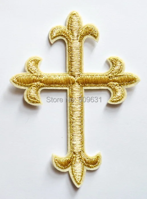 Gold Religious Fleur De Lis Cross golden ornate Iron On Patches, Made of Cloth Guaranteed 100% Quality