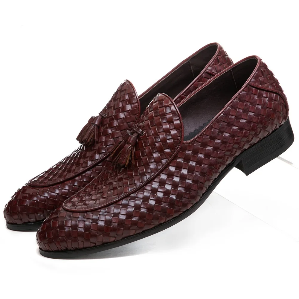 

Fashion Brown Tan / Black Woven Design Summer Loafers Mens Wedding Groom Shoes Genuine Leather Prom Shoes Boys Dress Shoes