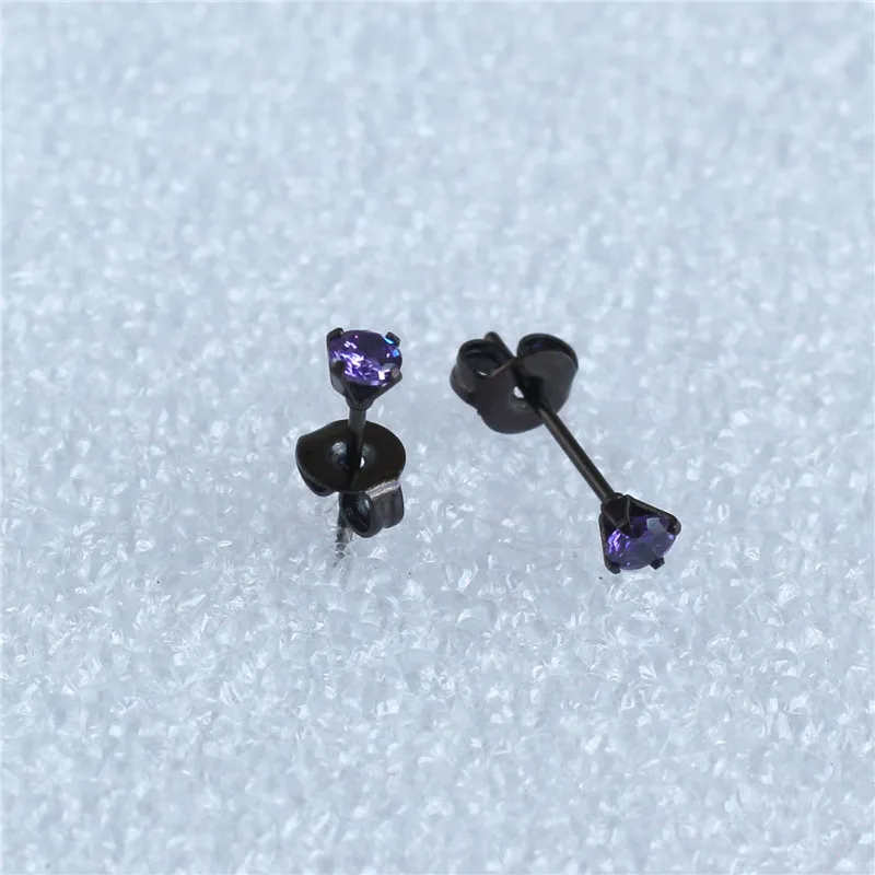 Titanium With 3mm Purple Zircon Round Stud Earrings 316L Stainless Steel Black IP Planting No Fade No Allergy