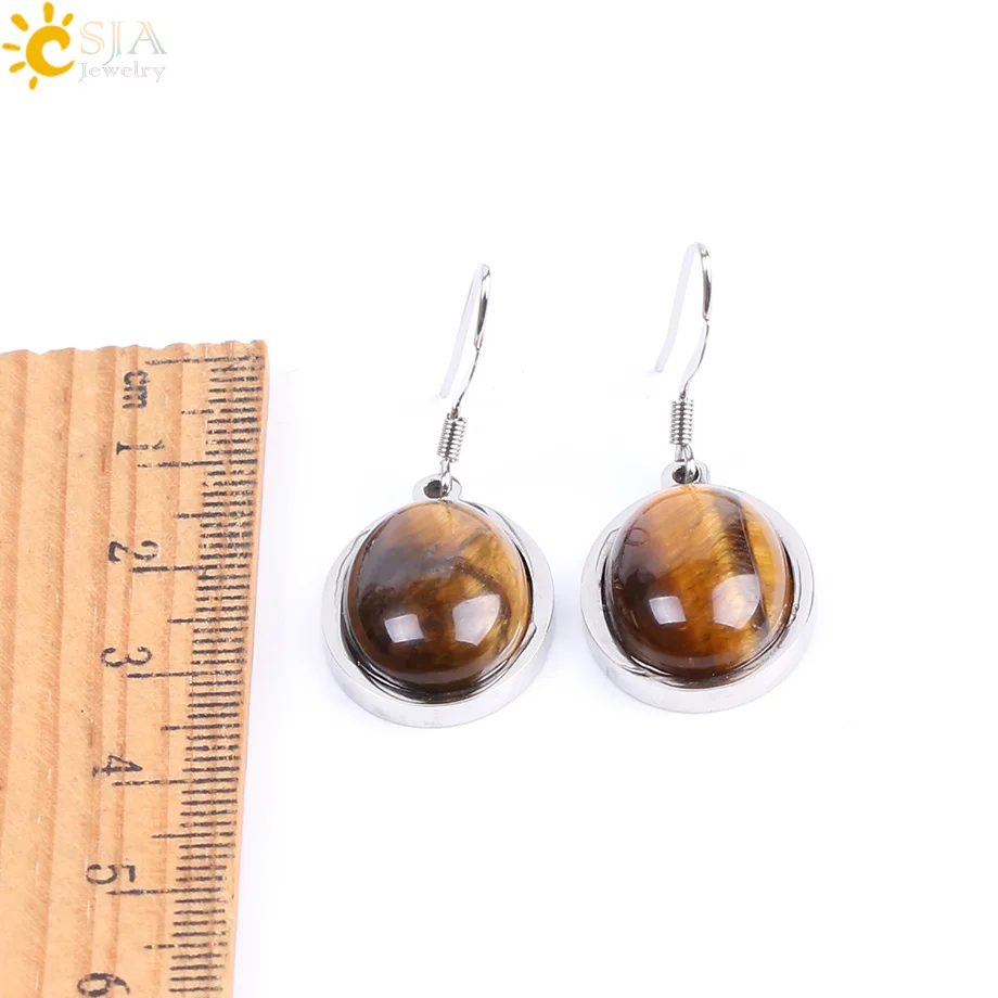 CSJA Natural Stone Purple Quartz Tiger Eye Lapis Lazuli Oval Beads Earrings Simple Design Style for Women Fashion Jewelry F120