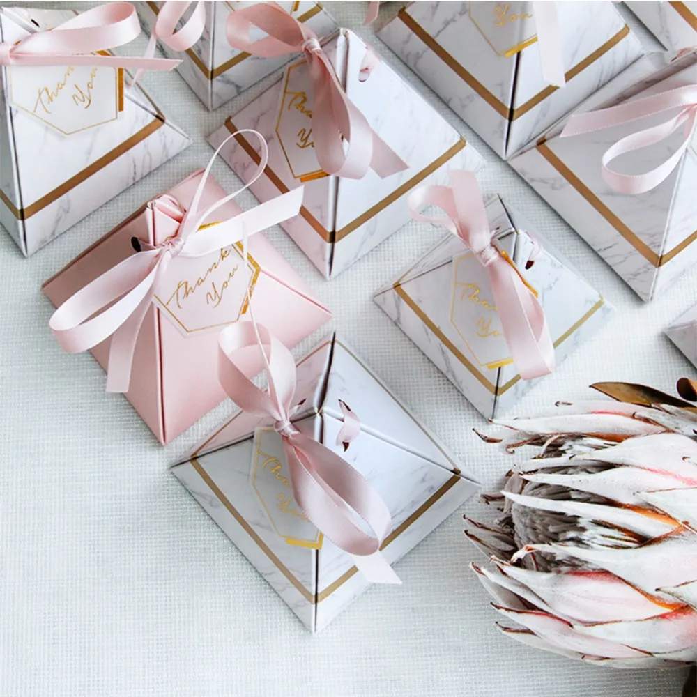 RMTPT 50PCS Europe Triangular Pyramid Style Candy Box Wedding Favors Party Supplies Paper Gift Boxes with THANKS Card & Ribbon