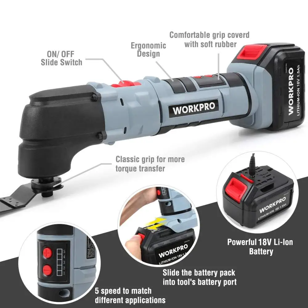 Imagem -02 - Workpro Ferramentas de Oscilação Elétrica Aparadores Serras Casa Faça Você Mesmo Íon de Lítio Recarregável Multi Ferramentas Oscilantes 18v 20v