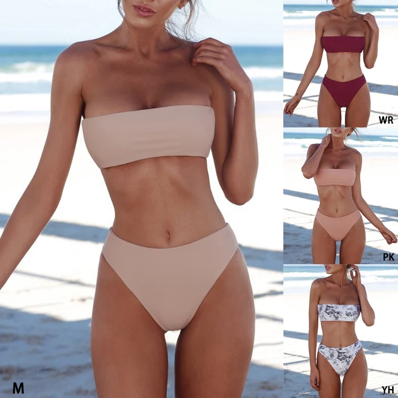 2024 Fashion Sexy Women Bikini Set Strapless Bandeau Push-up Bra Swimsuit Swimwear Bathing  swim