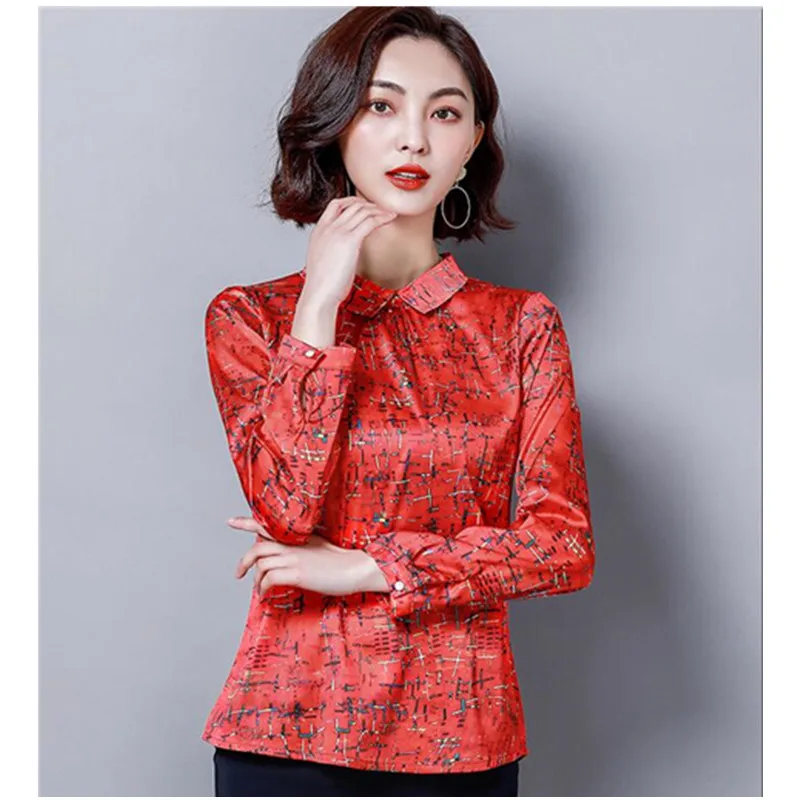 Women\'s Shirt Clothes Spring Summer Printed Silk Turn Down Top Female Long Sleeve Casual Plus Size Office Ladies Blouses H9091