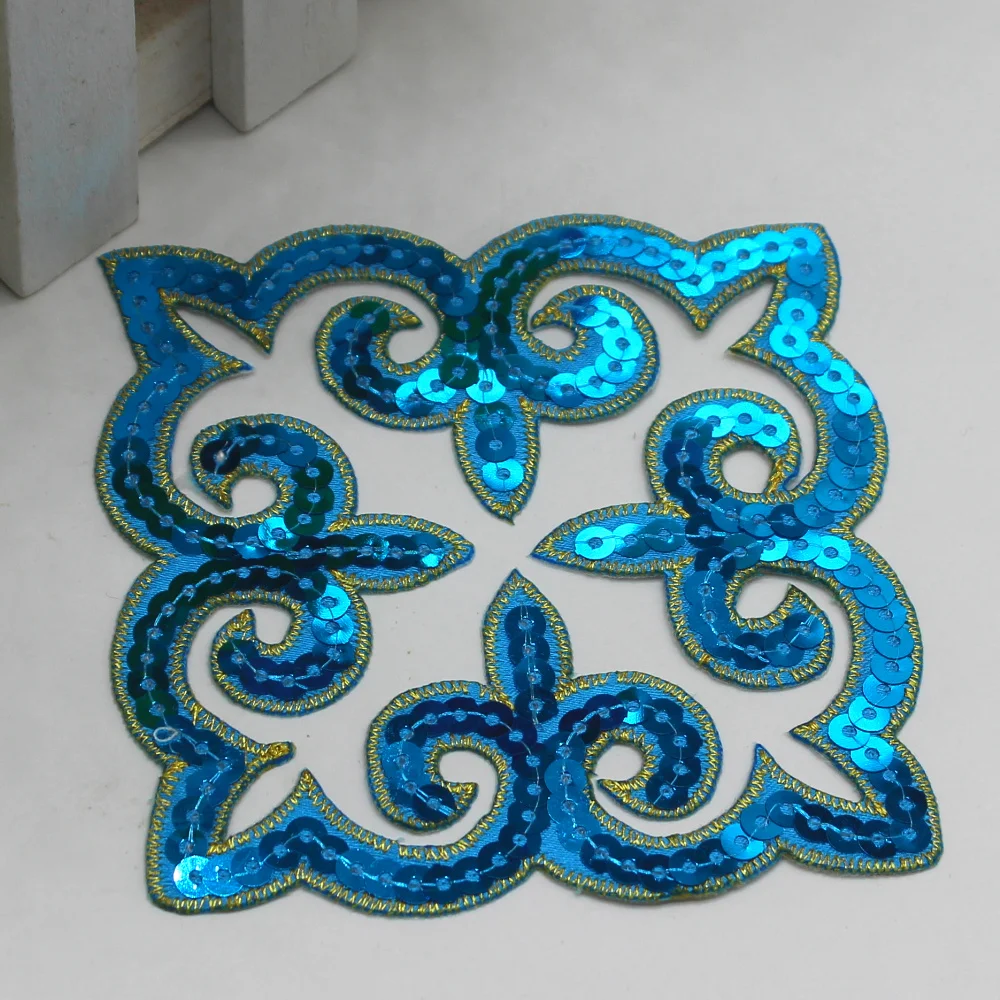1 Piece Sequined Flower Patches Squared Iron on Applique Padded Costume Trims 9cm*9cm