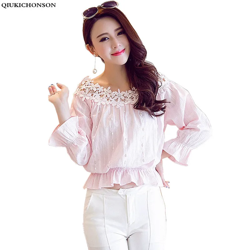 

Pink Tops Ladies Cute Sweet Hollow Out Lace Patchwork Off Shoulder Blouse Women 2018 Summer Korean Beading Peplum Crop Tops