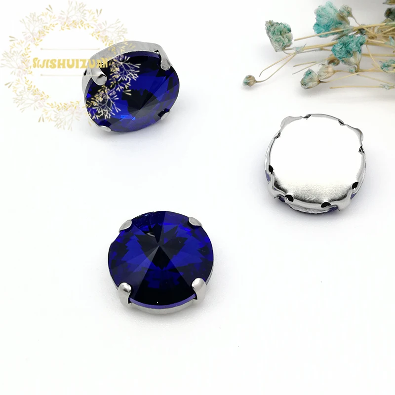 Satellite /Round Sapphire Blue Shape Glass Rhinestones With Silver Claw Sew On Crystal Stone Diamond Metal Base Buckle For Cloth