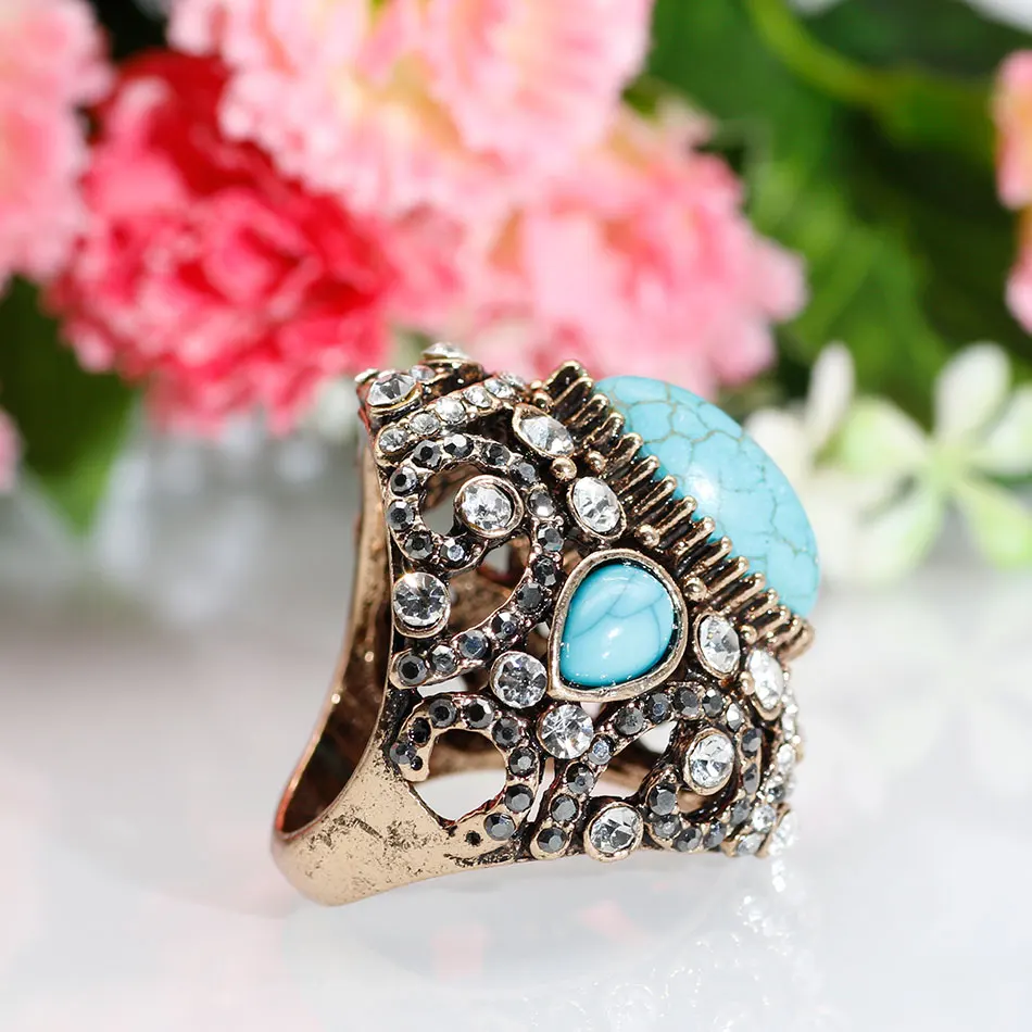 SUNSPICE ms Big Antique Rings For Women Blue Natural Stone Vintage Wedding Engagement Crystal Rings Jewelry Retro Gold Color New