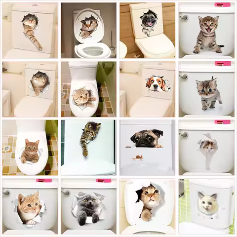Lovely Cat Dog Toilet Stickers Home Decoration Diy Funny Cartoon Animal Wc Mural Art Vivid 3d Kitten Puppy Safari Pvc Wall Decal
