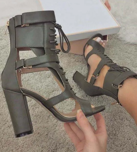 

Sestito Female Sexy Snakeskin Print Chunky Heels Sandals Boots Women Lace-up Ankle Boots Lady Peep Toe Solid Summer Shoes