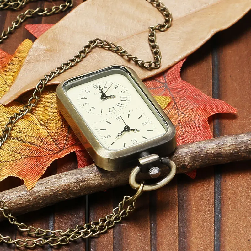 Vintage Retro Đồng Đồng Thạch Anh Đồng Hồ Bỏ Túi Thời Gian Kép Khu Phong Trào Mặt Vòng Cổ Reloj De Bolsillo Quà Tặng Sinh Nhật P11