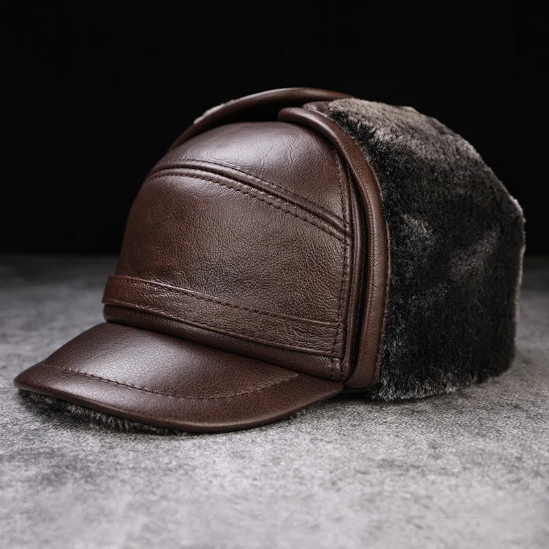 

Winter Cowhide Bomber Hat Middle-aged Elderly Men Plus Velvet Thicken Warm Fur Cap Adult Male Leather Fashion Casual Hats H6993