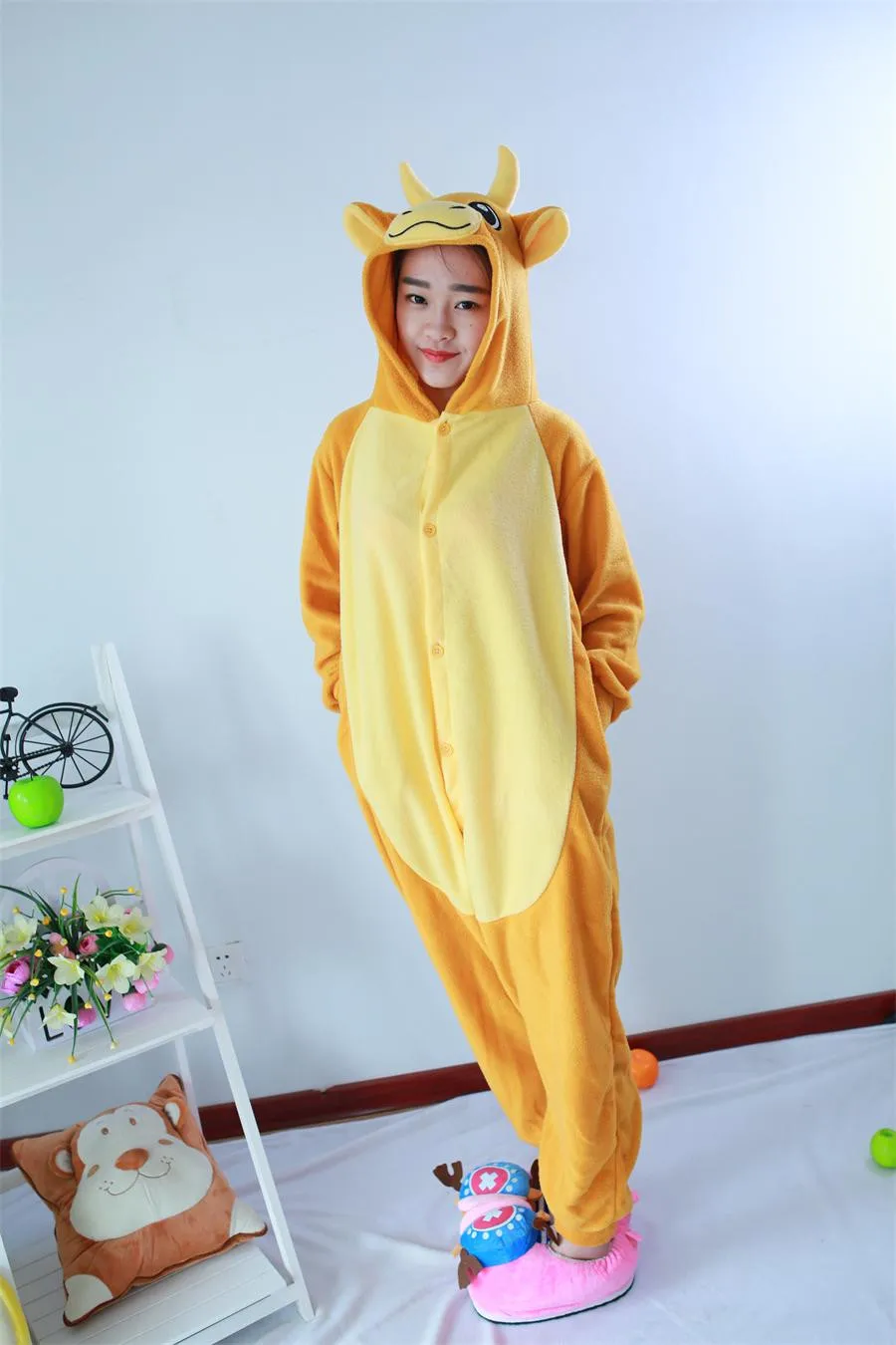 Kigurumi – pyjama de noël pour adultes, tenue de nuit, Costume, Animal, taureau Orange, Halloween