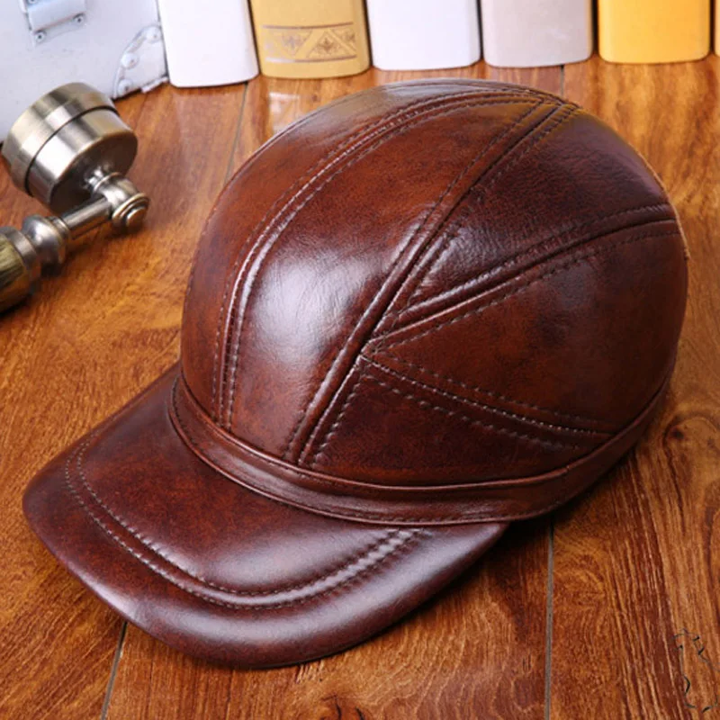 Wholesale 2024 Winter New Head Layer Cowhide Hat Men Casual Baseball Cap Hat Ear Warm High Quality Real Leather Peaked Cap