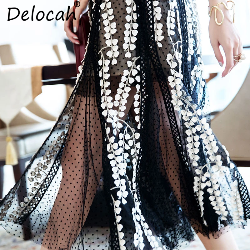 Imagem -04 - Delocah Vestido Feminino de Verão Estiloso de Passarela Designer de Meia Manga Lindo Apliques com Estampa Pontilhada até a Panturrilha Vestidos Slim para Escritório