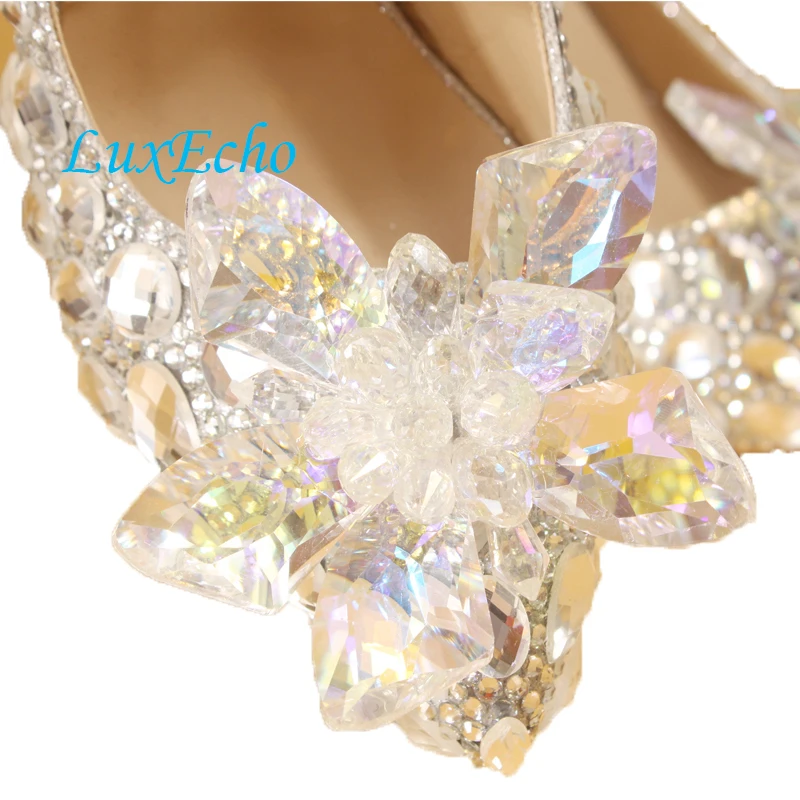 New arrival luxury princess slipper white rhinestone high heels pointed toe crystal flower women\'s wedding shoes High heels