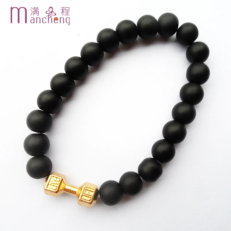 New design Black Onyx Matte Onyx Dumbbell Live Lift Bracelet,Good quality Fitness Barbell Charm Beaded Live Lift Yoja Bracelet