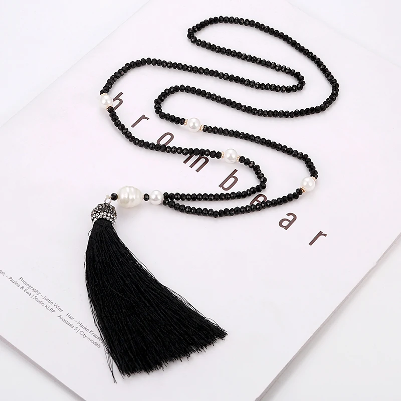 Fashion Tassel Long Necklace For Women Crystal Beads Baroque Pearl Vintage Necklaces Handmade White Blue Red Fringe Necklace
