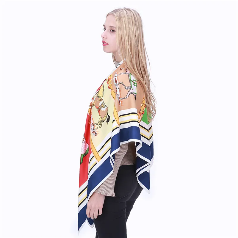 POBING Luxury Brand Twill Silk Scarf Woman Swift Horse Wraps Echarpe Square Female Big Size Shawl Hijab Neckerchief