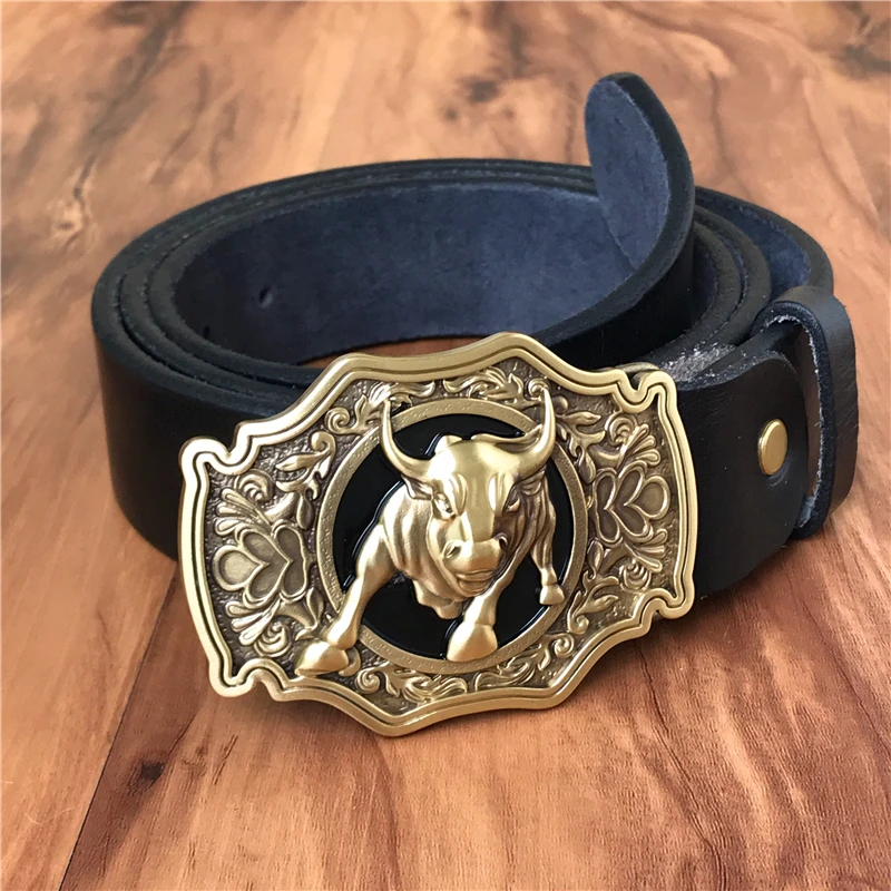 Brass Bull Cowboy Belt Buckle Leather Belt Men Jeans Men Leather Genuine Waist Yellow Belts For Men Wide Belt Male MBT0524