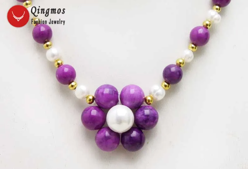 Qingmos Trendy Sugilite Necklace for Women with Natural 6-7mm White Pearl & 8mm Sugilite Flower 17'' Pendant & Necklace-6403