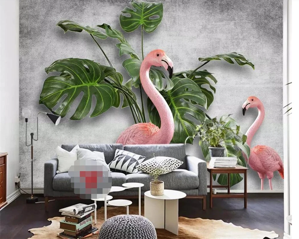 

Beibehang Wallpaper mural fresh banana turtle back leaf flamingo cement brick wall bedroom living room background 3d wallpaper