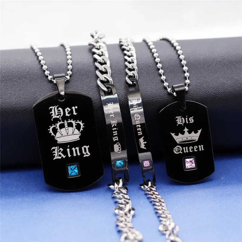 Stainless Steel Her King And His Queen Couple Necklace  Pink Blue Crystal Couple Bracelet Necklace Jewelry Set