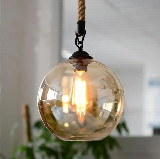 

Loft Vintage retro Pendant Lights Industrial Glass Ball Hemp rope E27 Fixtures for Restaurant Dining room Living Room Cafe Bar