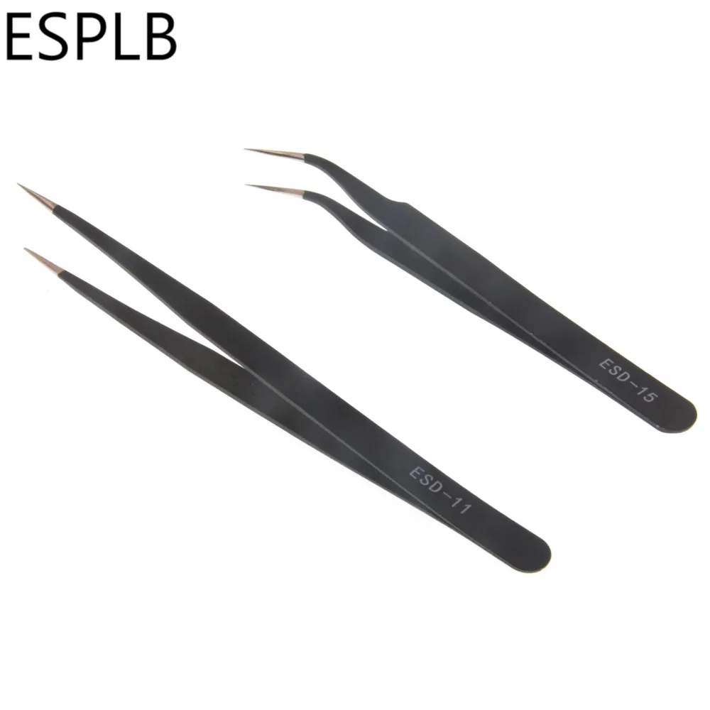 ESD 11/15 Anti Static ESD Stainless Steel Precision Tweezers Straight Curved Tip Tweezers for Electronics