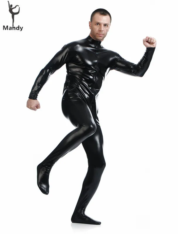 Mandy Men's Black Shiny Metallic Unitard Catsuit Dancewear Mock Neck Crotch Zip Front Spandex Lycra Bodysuit Zentai without Hood