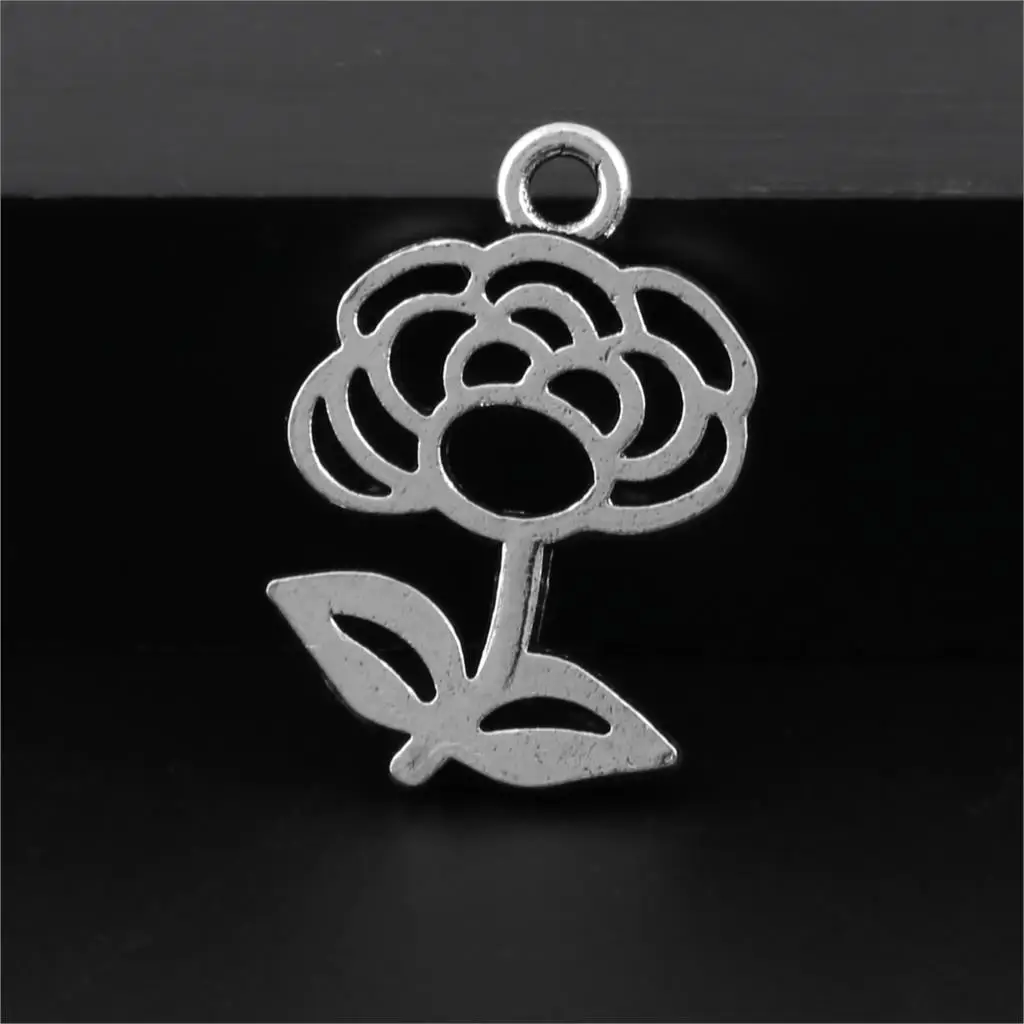 20Pcs  Silver Color Flower Rose Charms Floral Pendant Making DIY Necklaces Ornaments Handmade Crafts Jewelry 18X26mm A3157