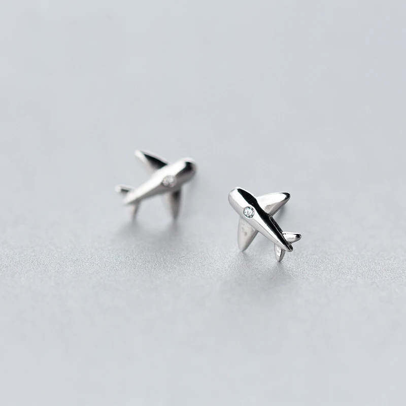 MloveAcc 925 Sterling Silver Aircraft Airplane Stud Earrings Women Plane Charm Earrings with Clear CZ Handmade Jewelry