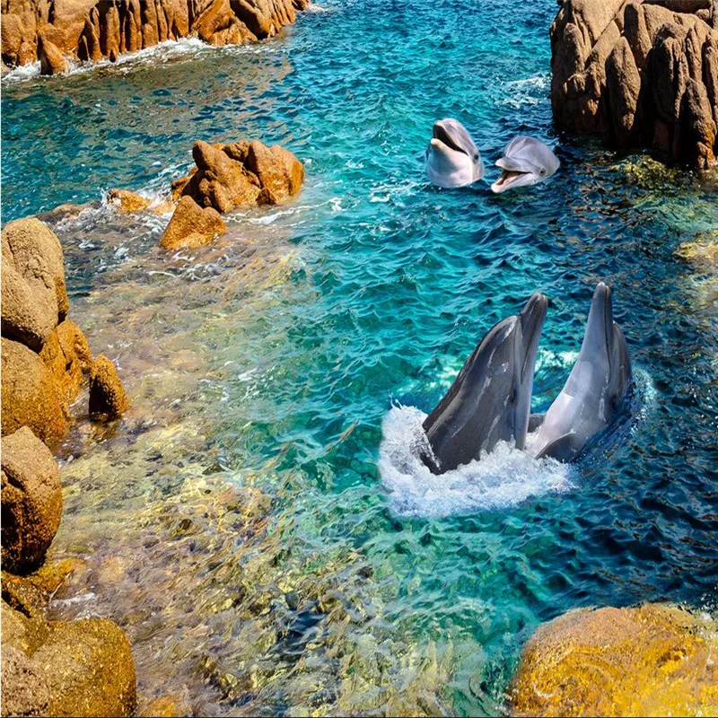 beibehang Modern sticker 3D floor mural HD stone dolphin coast non-slip waterproof thickened self-adhesive PVC Wallpaper floor