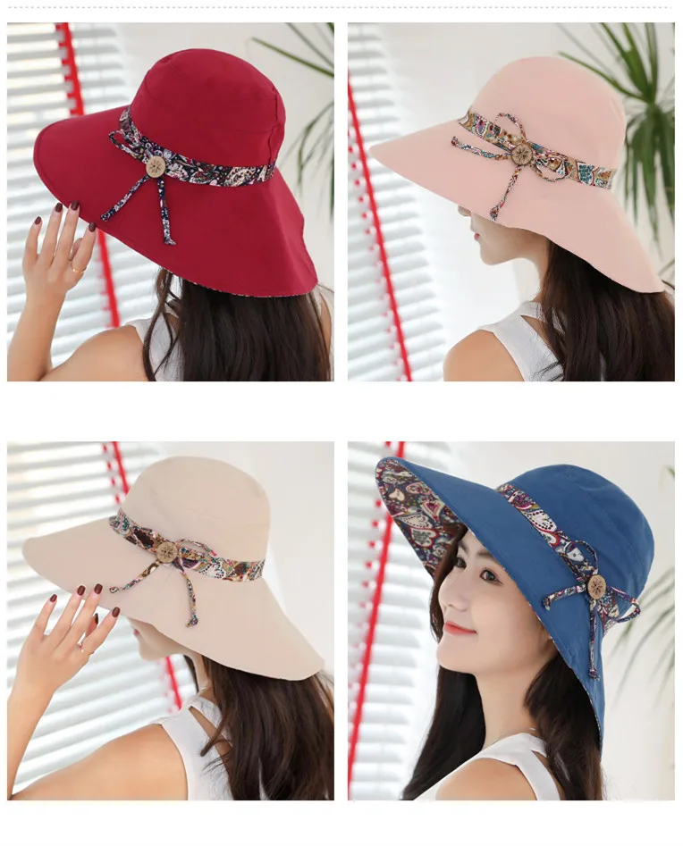 summer women\'s Super Big Brim sun hat fashion hat printing hat UV protection Wind Rope Fixed Beach Hat Foldable