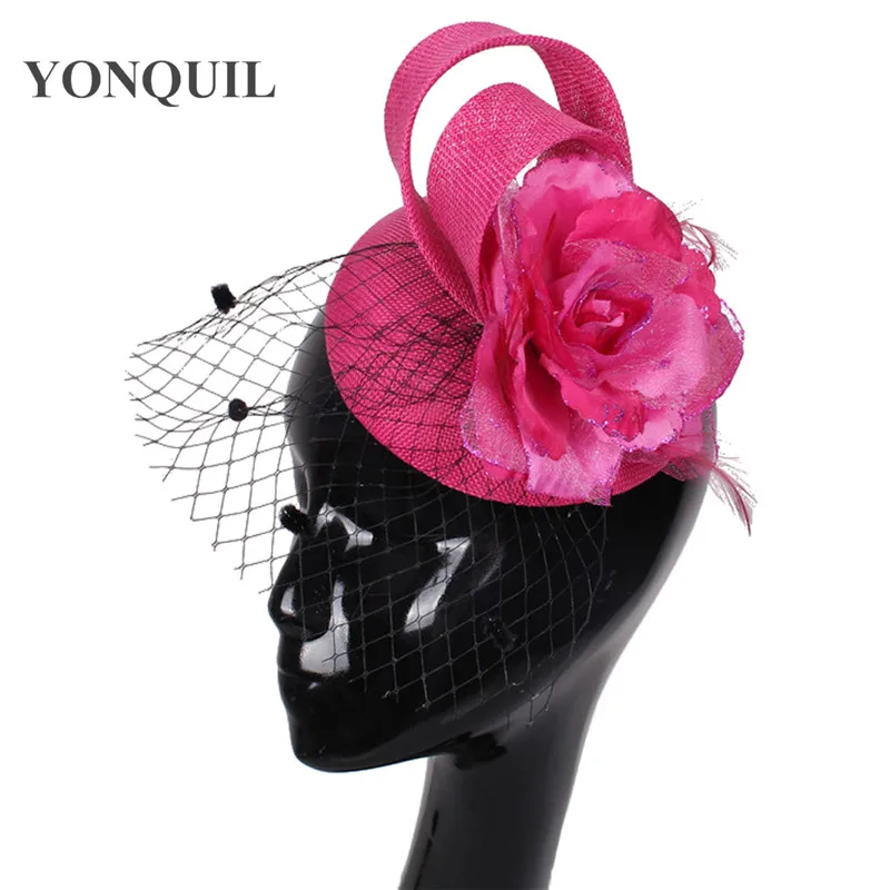 New Style Chemo Lady Silk Flower Adorn Fascinator Sinamay With Bridal Birdcage Veils Fascinator Hat Attractive Wedding Cap SYF83