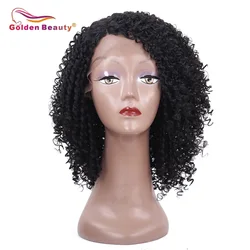 Golden Beauty Synthetic Wigs Kinky Curly Tpart Lace Wig High Temperature Fiber Brown Natural Black 14inch Short Wig For Women