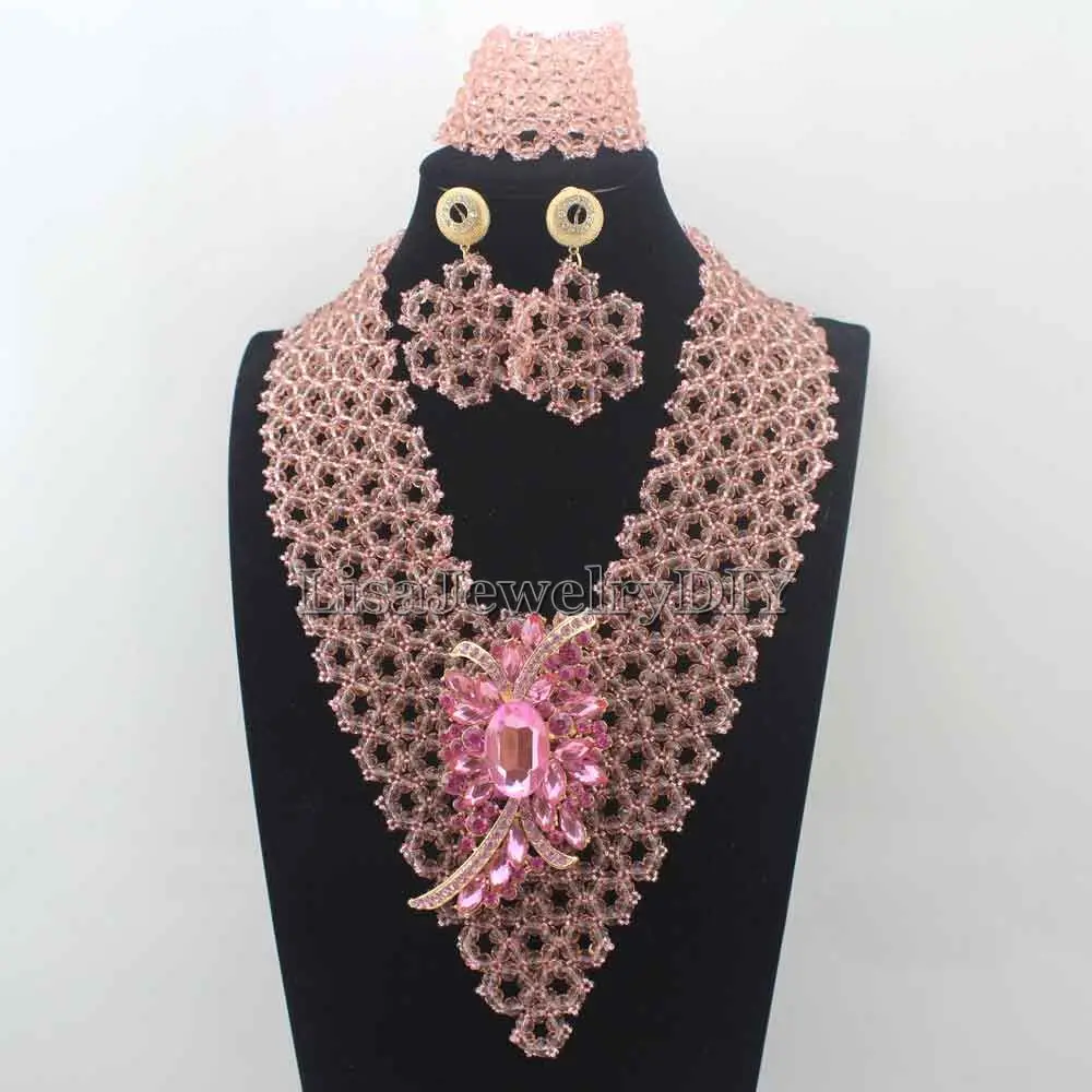 

New Hot Chunky Statement Bib Peach Pink Indian Bridal Women Jewelry Set African Necklace Set for Wedding Free shipping HD8205