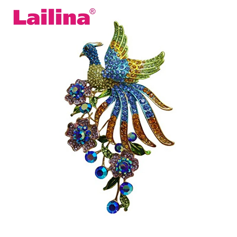 4inches 100pcs/lot Colorful Crystal rhinestone large peacock brooch pin