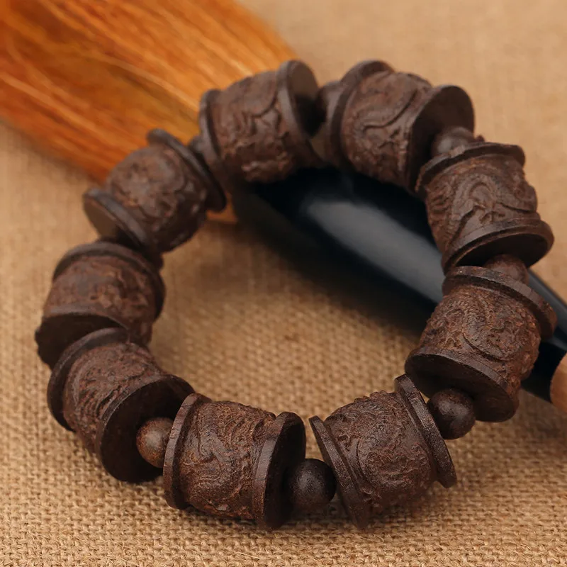 Zhai Gallery carved mahogany natural wood Ebony Wood Beads Bracelet hand on men and women lovers Wenwan wooden beads