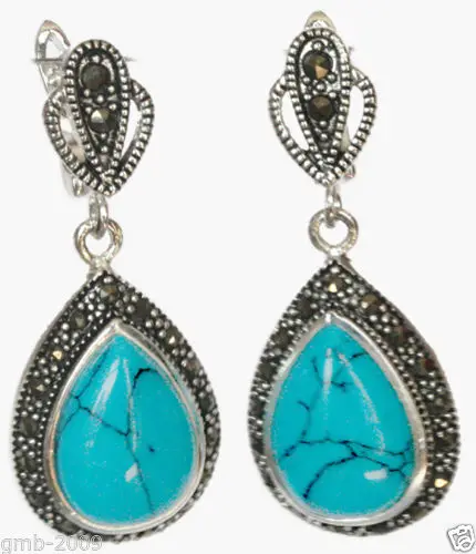 

Hot Sale 925 Sterling Silver Jewelry Blue Turquoise Marcasite Teardrop Earrings