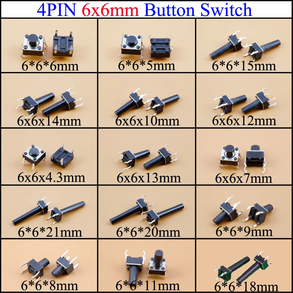 4PIN DIP 6x6 触覚タクトプッシュスイッチ 6x6 シリーズ 6 × 6 × 4.3/6/5/6/7/8/9/10/11/ 12/14/15/16/18/20 ミリメートル