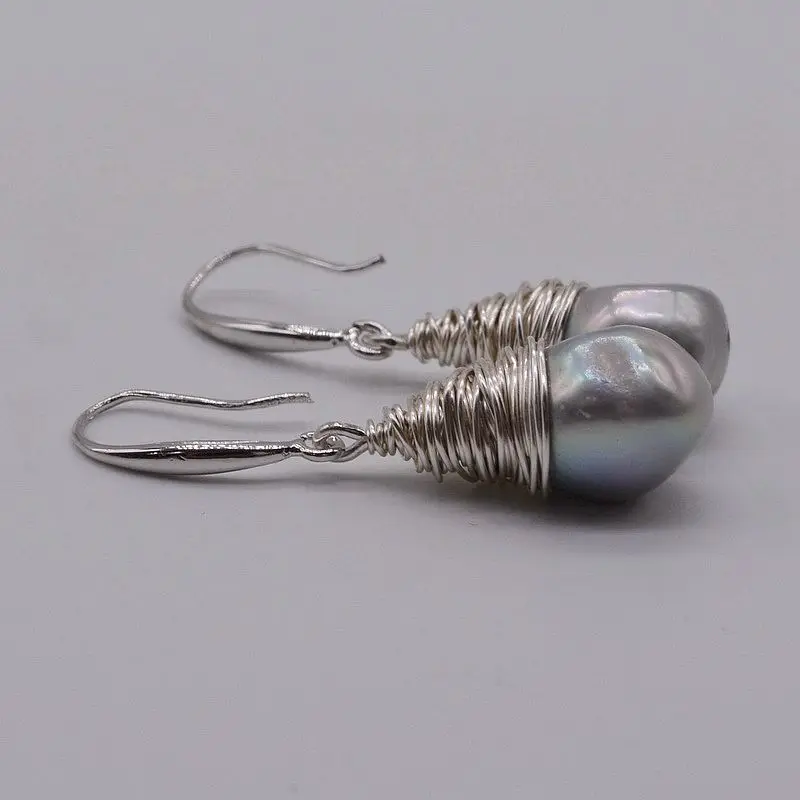 Handmade Pearl Earrings Grey Natural Freshwater Pearl 925 Sterling Silver Earrings Drop Shape Silver Wire Women\'s Earrings