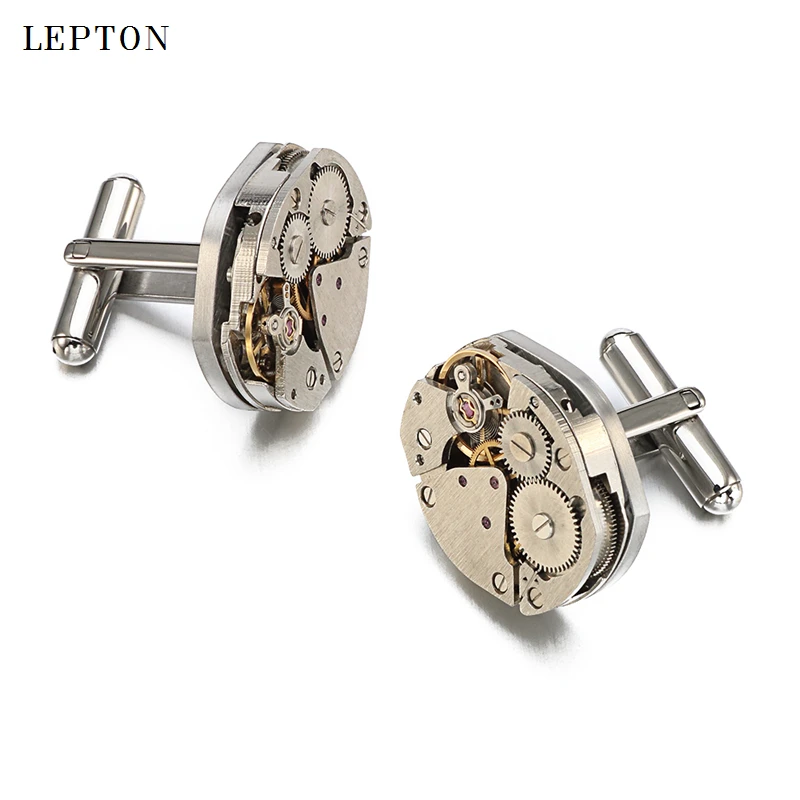 Lepton Watch Movement Cufflinks of immovable Hot Sale Stainless Steel Steampunk Gear Watch Mechanism Cuff links for Mens gemelos