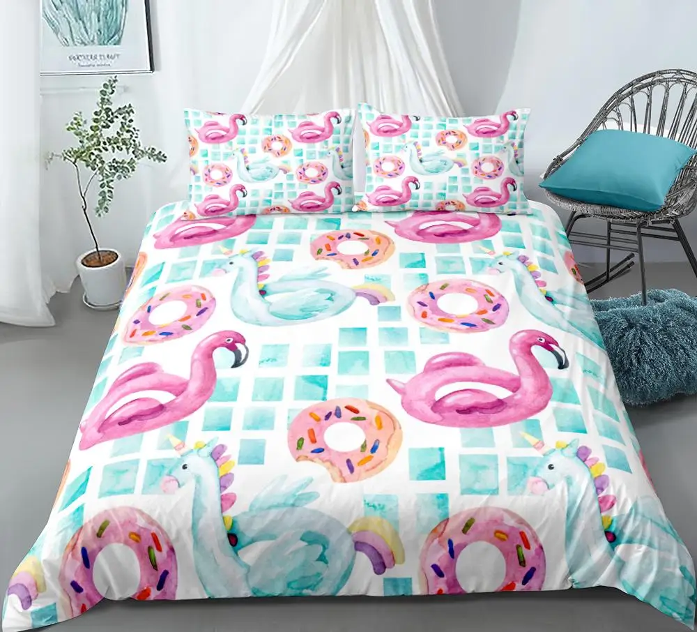 Unicorn Bedding Set Pink Flamingo Duvet Cover Set Donut Bed Cover for kids Cartoon Animal Bed Set Swim Queen Duvet Cover Grils